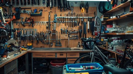 Bicycle repair and maintenance workshop with tools, bicycles and spare parts. A well-equipped place to provide services to cyclists.