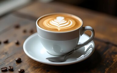 Fototapeta premium White Coffee Cup with Frothy Espresso on Rustic Table