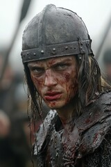 Fototapeta premium Medieval Warrior in Battle with Bloodstained Armor