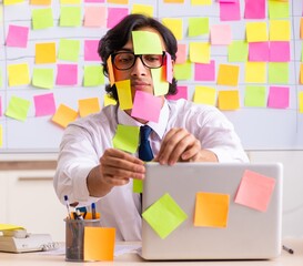 Young employee in conflicting priorities concept