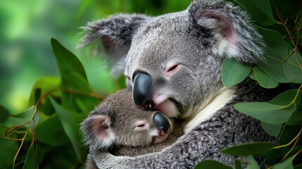 Fototapeta premium Koala mother hugging baby in eucalyptus tree A tender moment between a koala mother and her baby, nestled in a eucalyptus tree, showcasing wildlife and maternal care