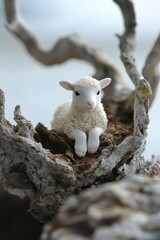 Cute Lamb on a Branch in Nature Setting