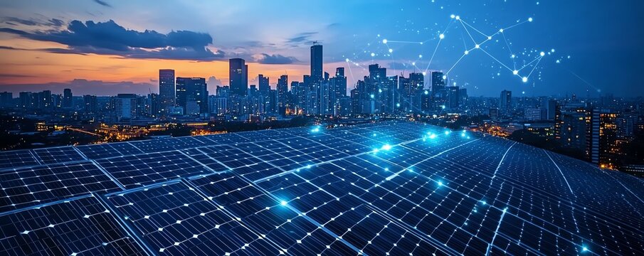 Highefficiency solar panels integrated with smart grids for superior electricity conversion, Main keyword electricity, Concept modern energy infrastructure
