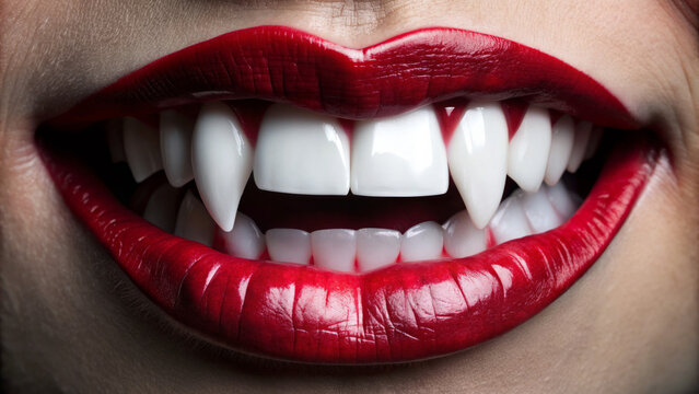 Close-Up of Vampire Fangs on Red Lips with Blood Droplet, Horror Theme
