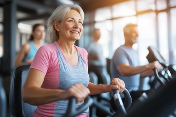Obraz premium Elderly woman exercising on elliptical machine at gym, smiling and enjoying her workout