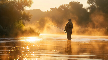 Fisherman Fishing on River in Early Morning: Fisherman fishing on a river at dawn