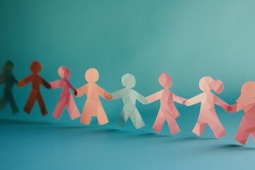 A chain of colorful paper cutouts of people holding hands against a blue backdrop, symbolizing unity, diversity, and connection.
