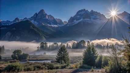 Majestic mountain landscape under clear blue sky.