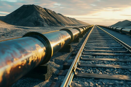 An endless pipeline runs parallel to railway tracks in a vast, barren landscape under a golden sunset.