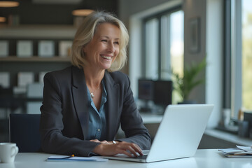 Fototapeta premium Smiling busy mature middle aged professional business woman manager executive wearing suit looking at laptop computer technology in office working on digital project sitting at desk.