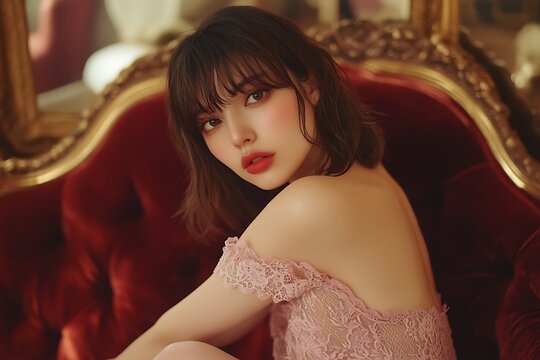 Girl on a red sofa, looking at the camera
