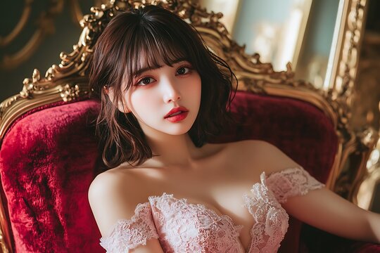 Girl on a red sofa, looking at the camera