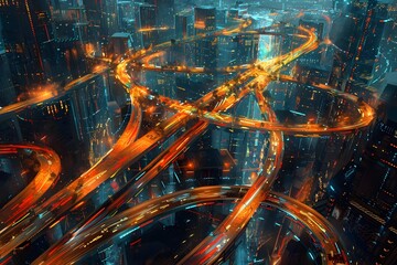 Mesmerizing Nighttime Cityscape of Intertwined Urban Highways and Flyovers