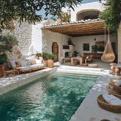 Cozy outdoor lounging area with pool and rustic decor. 