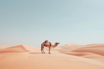 A solitary camel stands quietly amidst vast, undulating sand dunes under a pristine blue sky, evoking the harsh yet serene beauty of the desert.