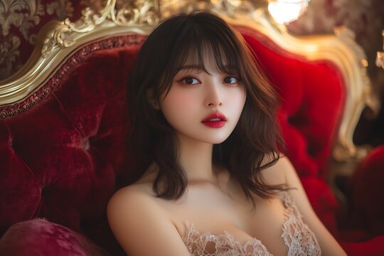 Girl on a red sofa, looking at the camera