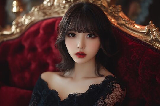 Girl on a red sofa, looking at the camera