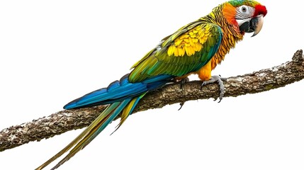 Fototapeta premium Colorful Macaw Perched on a Branch Against a White Background