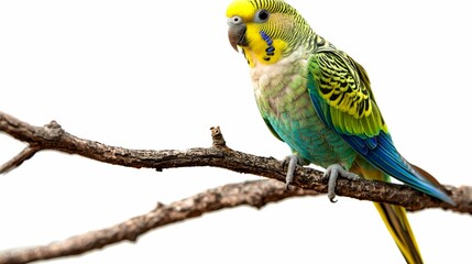 A Budgerigar Perched on a Branch with a White Background