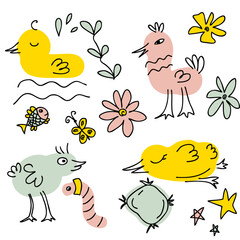 Hand drawn cute birds doodle collection. Animal cartoon vector characters set. Perfect print for tee, poster, card, sticker.