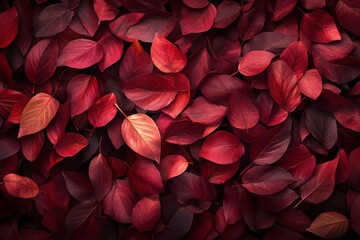 Naklejka premium Red and brown autumn leaves texture background. Red, orange, purple fall foliage backdrop. Autumn leaf pile. Red oak, ivy, rose bush leaves pattern.
