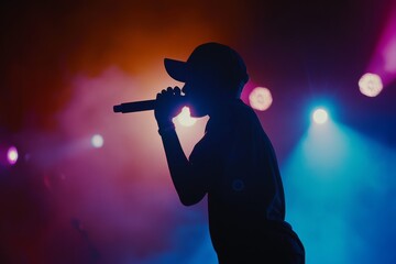 The dynamic silhouette of a singer performing passionately on stage with colorful lights in the background, highlighting the energy of live music.