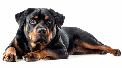 Obraz premium Black and Tan Rottweiler Dog Lying Down on White Background
