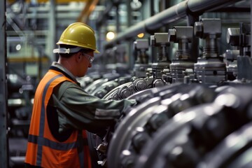 A worker in a high-visibility vest and hard hat operates machinery in an industrial setting, focused and diligent.