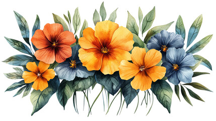 Fototapeta premium Vibrant floral arrangement featuring colorful blooms and lush green leaves, perfect for nature-themed designs and prints.
