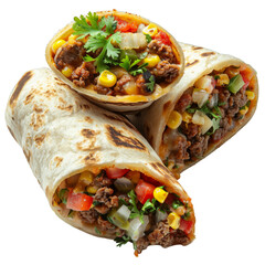Burito, Mexican Rice and Chorizo Sausage Wrap on transparent background.