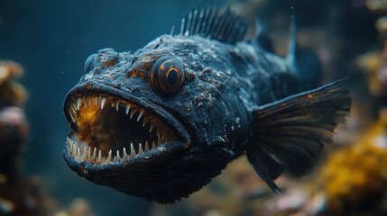 Realistic High-Resolution Photo of Giant Black Anglerfish with Sharp Teeth Against Dark Blue Ocean Background