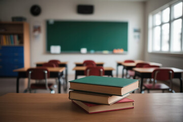 Naklejka premium An empty classroom with empty desks and a clean board radiates an atmosphere of peace, ready for new knowledge and discoveries