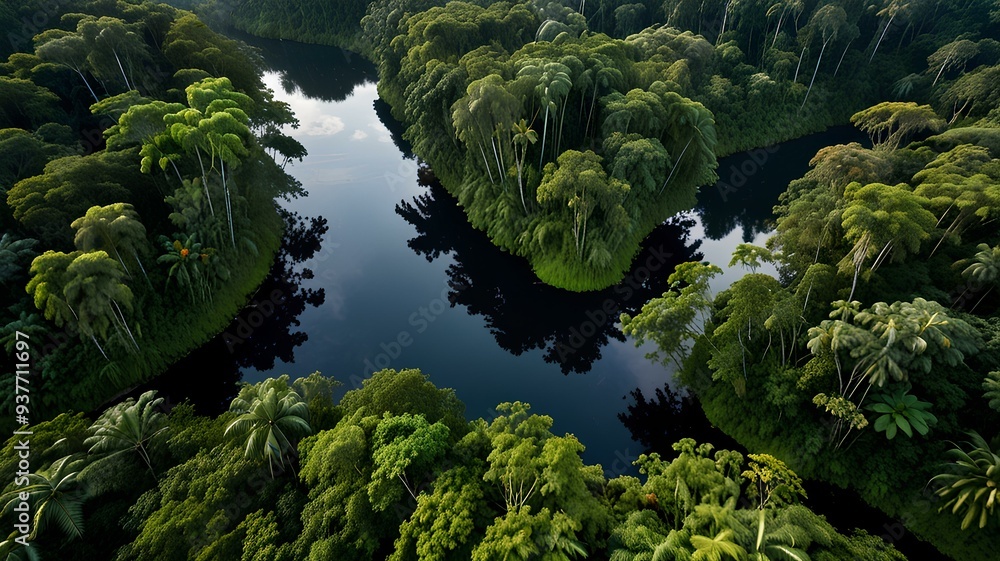 Wall mural green beautiful amazonian jungle landscape with trees and river, drone view.