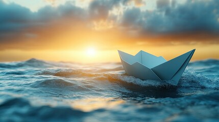 Obraz premium A paper boat sailing on turbulent waters, symbolizing leadership in crisis