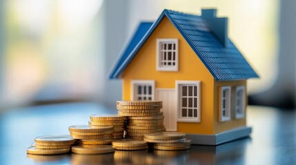 A miniature house and stacks of coins on a table, representing the cost of homeownership.