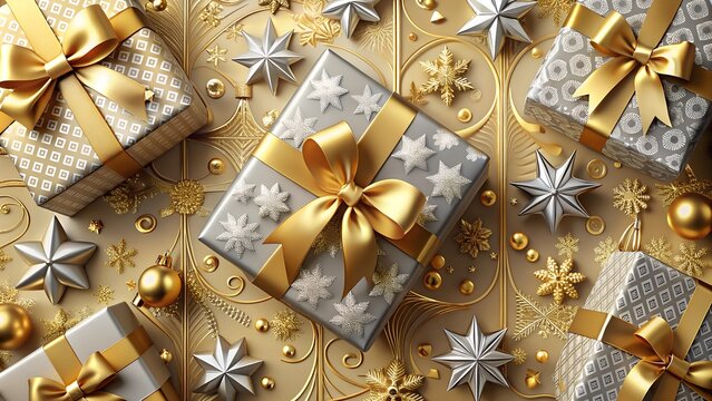 Luxurious gold and silver Christmas gifts and decorations elegant festive arrangement