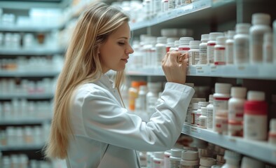 Woman in a white coat is browsing through various bottles on pharmacy shelves, carefully reading a label on a product