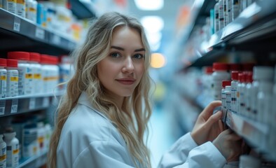 Woman in a white coat is browsing medication on pharmacy shelves, suggesting she could be a pharmacist or a customer