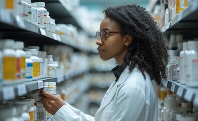 Woman, possibly a pharmacist, is examining medication bottles on shelves in a pharmacy with a focused and professional demeanor