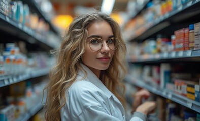 Woman with blonde curly hair and glasses is standing in a pharmacy aisle, looking over her shoulder at the camera