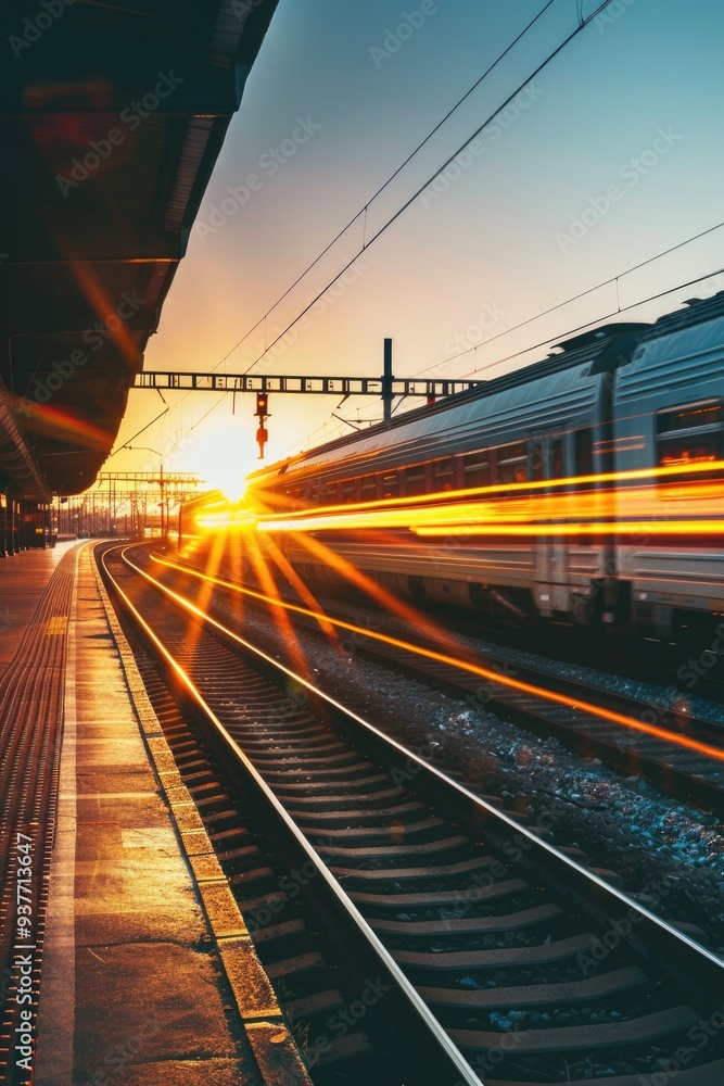 Poster train traveling down tracks next to a busy station, ideal for transportation or infrastructure theme