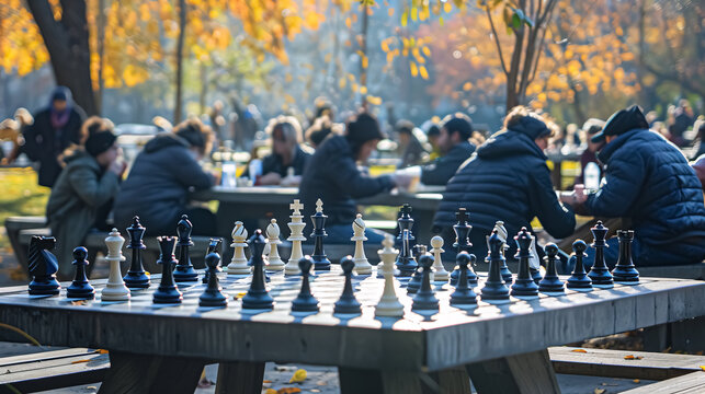 Group of people playing chess on a life-sized outdoor chessboard, creating an engaging 