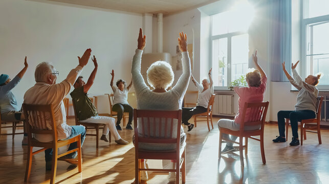 Group of seniors practicing chair gymnastics with an instructor in a retirement home.