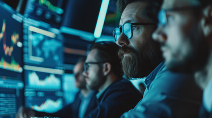 Group of skilled investors discussing stock investments. Businesspeople looking at stock charts 