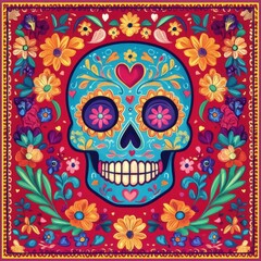 a colorful sugar skull with flowers and leaves