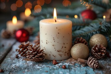 Christmas greeting card - White burning candle with natural decoration on rustic light wood - Merry Christmas and happy new year