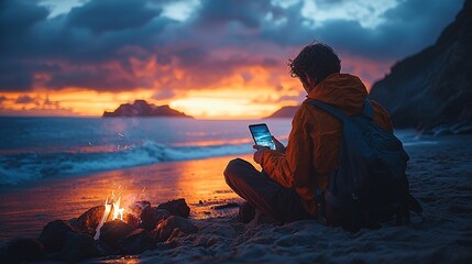 Obraz premium A person sitting by a bonfire on the beach, holding their phone horizontally with no headphones, watching the waves roll in while enjoying a video.