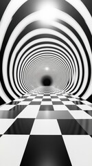 Naklejka premium a black and white image of a tunnel with a checkered floor