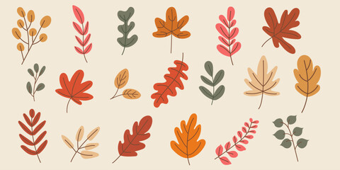 Big set of autumn leaves. Hand drawn cute and cozy fall design elements.