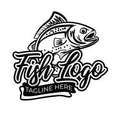 Obraz premium Black and White Fish or fishing concept logo vector illustration with dummy text on white background.